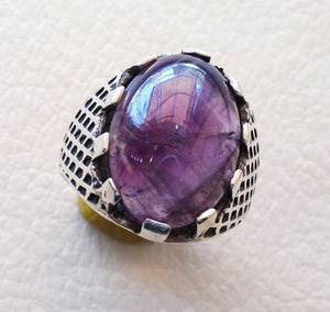 purple amethyst agate natural cabochon sterling silver 925 men ring vintage arabic turkish ottoman antique style jewelry oval  gem all sizes