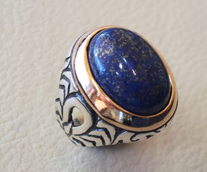 lapis lazuli men ring  oval cabochon natural blue stone  bronze and sterling silver 925  jewelry all sizes 18 * 13 mm ottoman middle eastern