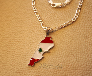 Lebanon map pendant with thick chain cedar tree flag colors sterling silver 925 k high quality jewelry Arabic fast shipping خريطة لبنان