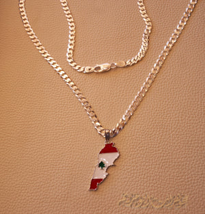 Lebanon map pendant with thick chain 3 cedar tree flag colors sterling silver 925 k high quality jewelry Arabic fast shipping خريطة لبنان