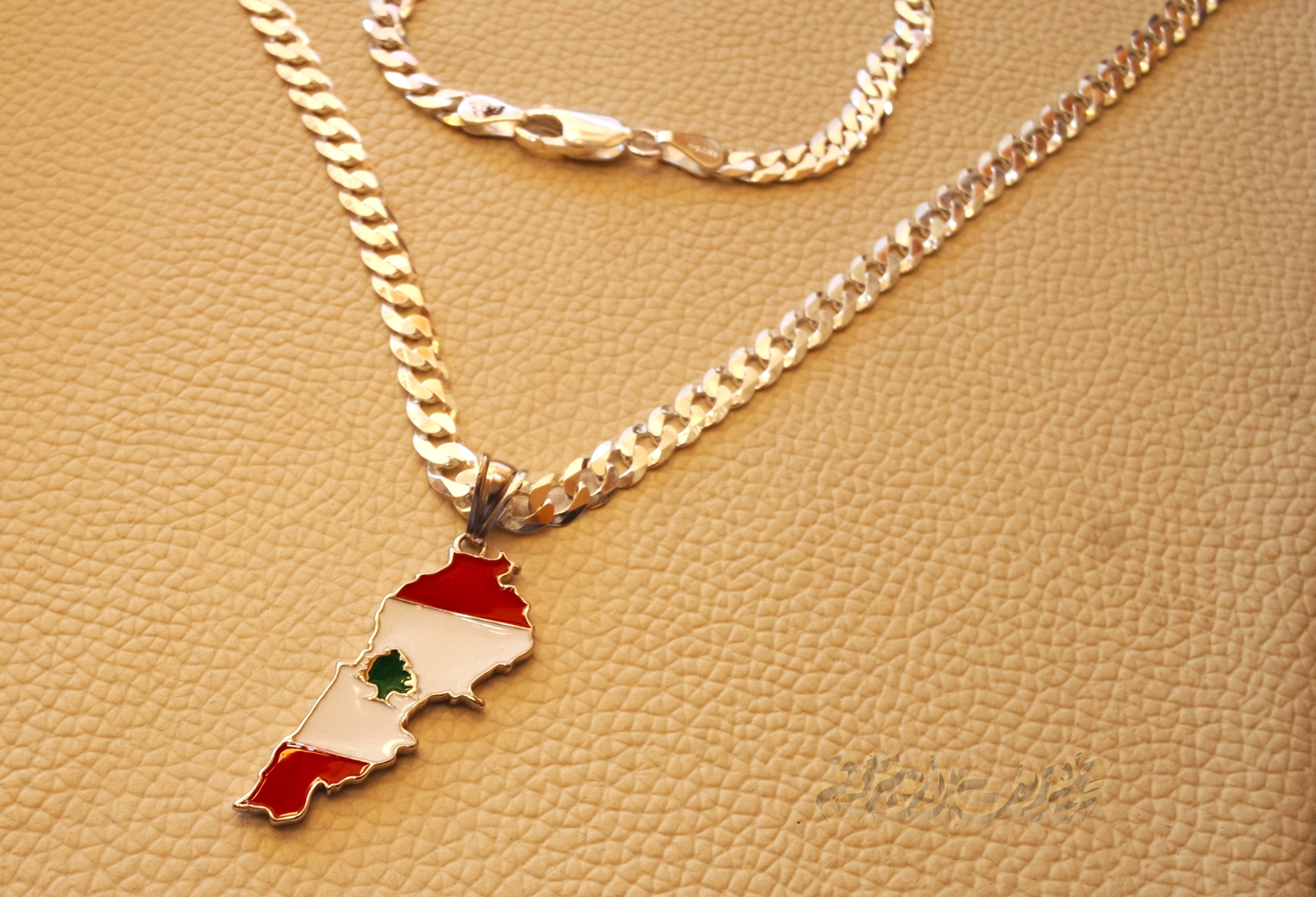 Lebanon map pendant with thick chain 3 cedar tree flag colors sterling silver 925 k high quality jewelry Arabic fast shipping خريطة لبنان