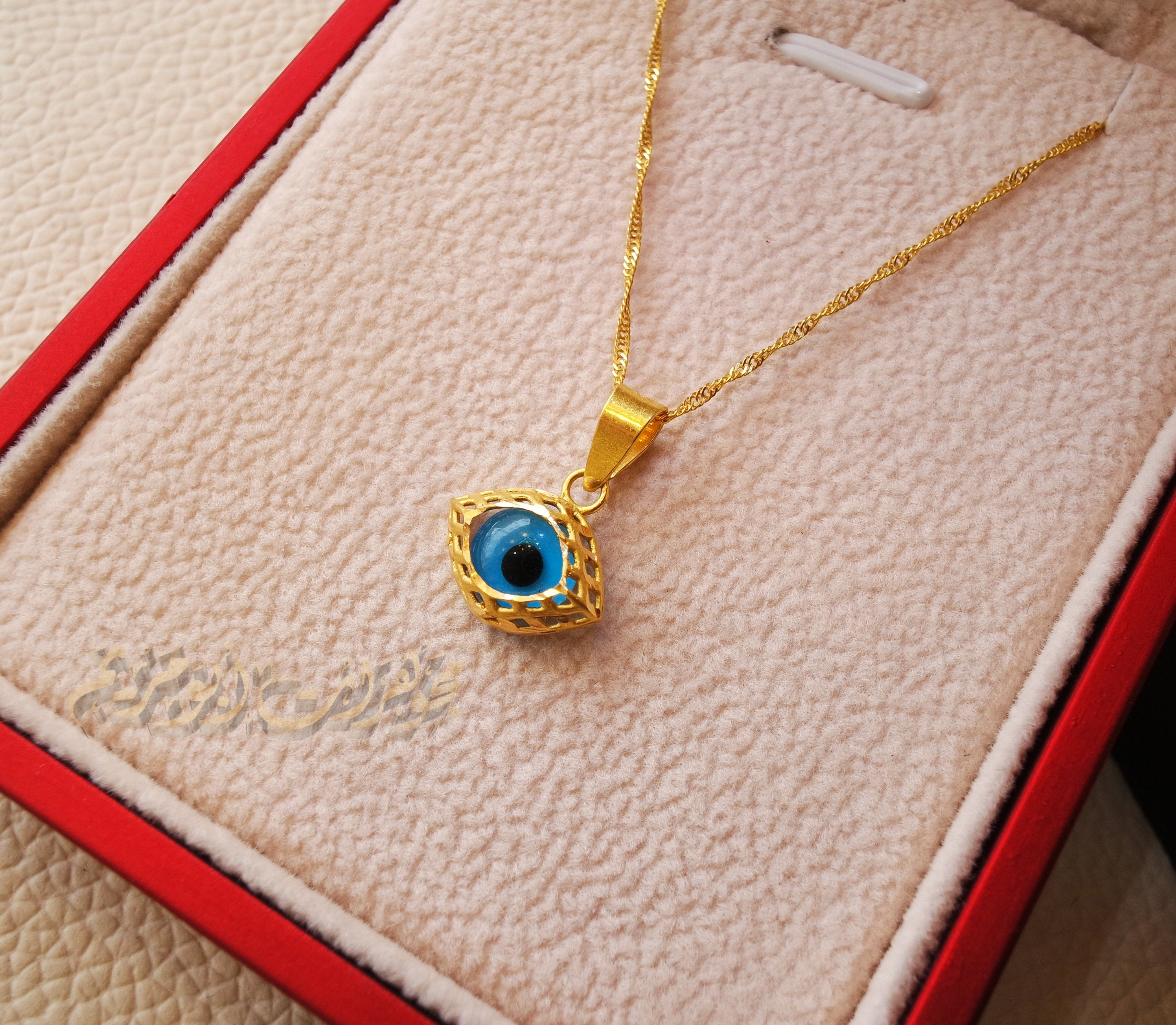 21K gold evil eye pendant with thin disco chain gold jewelry 16 and 20 inches fast shipping with gift box