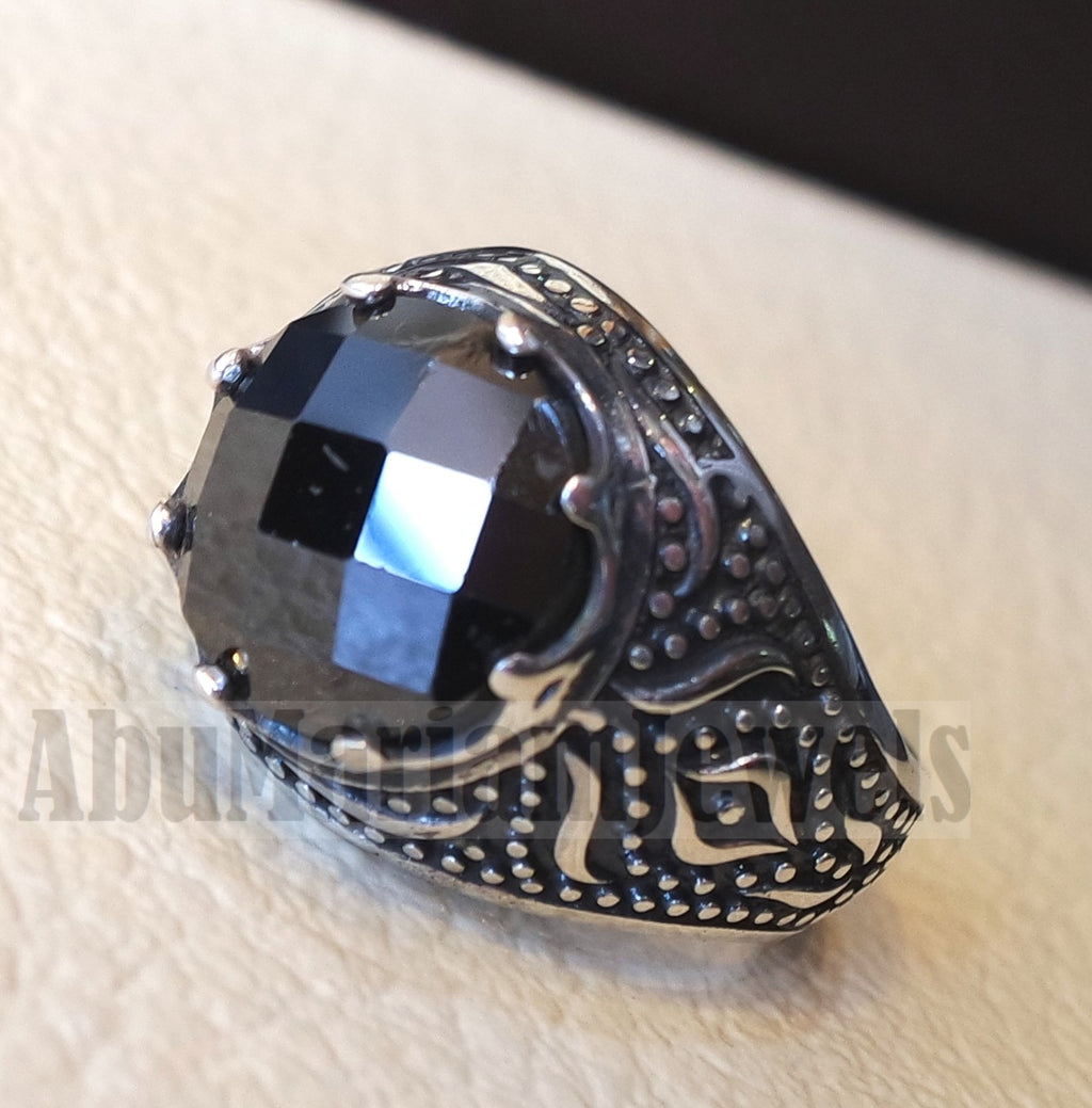 onyx round man ring sterling silver 925 black faceted stone cabochon all sizes middle eastern Arabic Turkish antique style jewelry