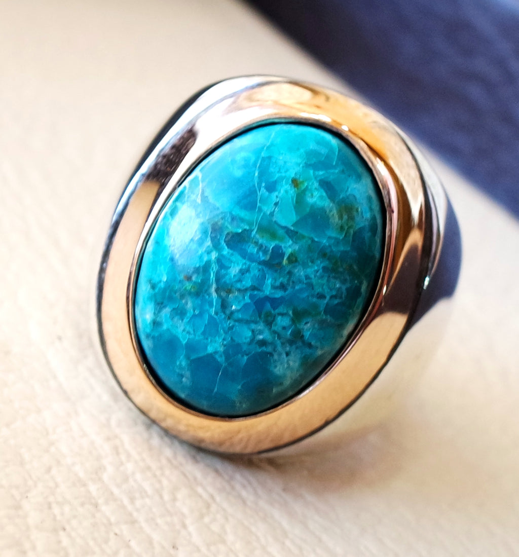 man ring chryscolla natural stone sterling silver 925 and bronze oval cabochon semi precious blue gem ottoman arabic style all sizes jewelry