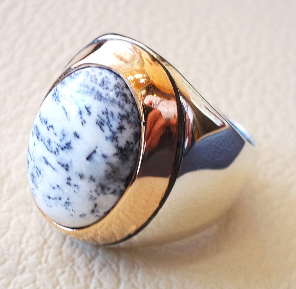 Men ring Dendritic opal agate natural stone sterling silver 925 and bronze ottoman turkey middle eastern antique style any size