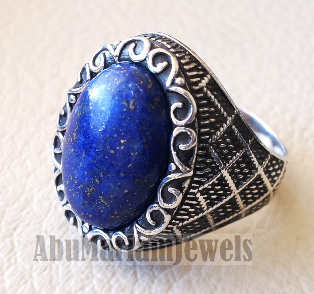 lapis lazuli natural semi precious blue stone man sterling silver 925 ring gemstone oval gem jewelry all sizes ottoman style