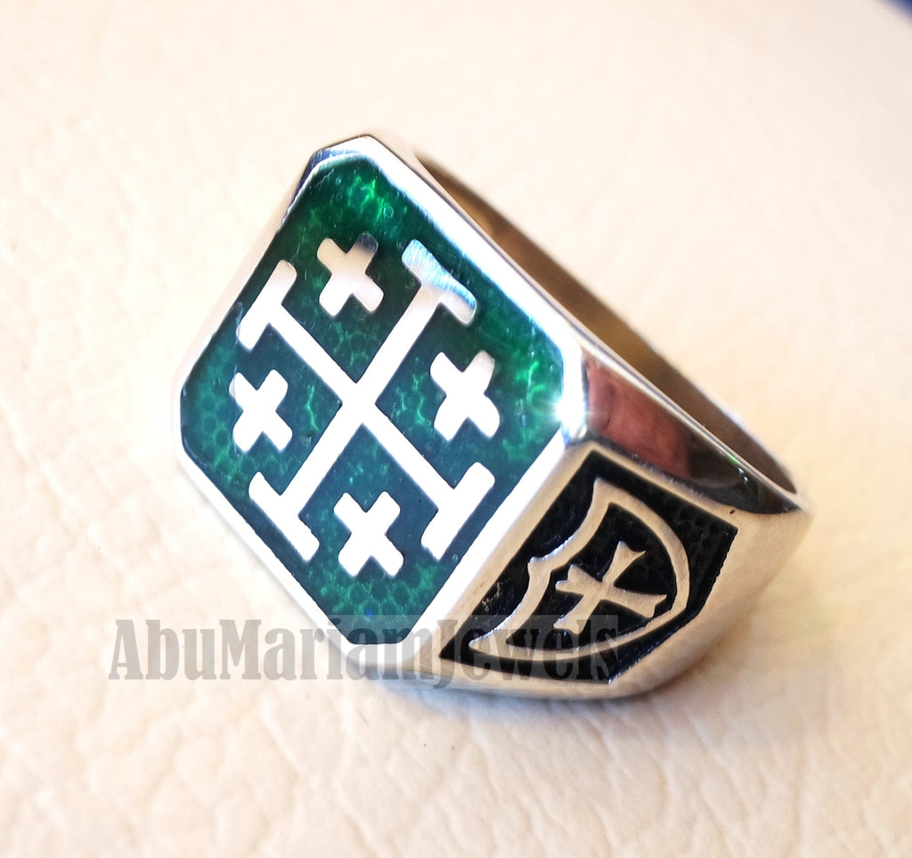 Jerusalem Cross ring christ christian symbol sterling silver 925 green enamel man gift jewelry fast shipping square shape Catholic Orthodox