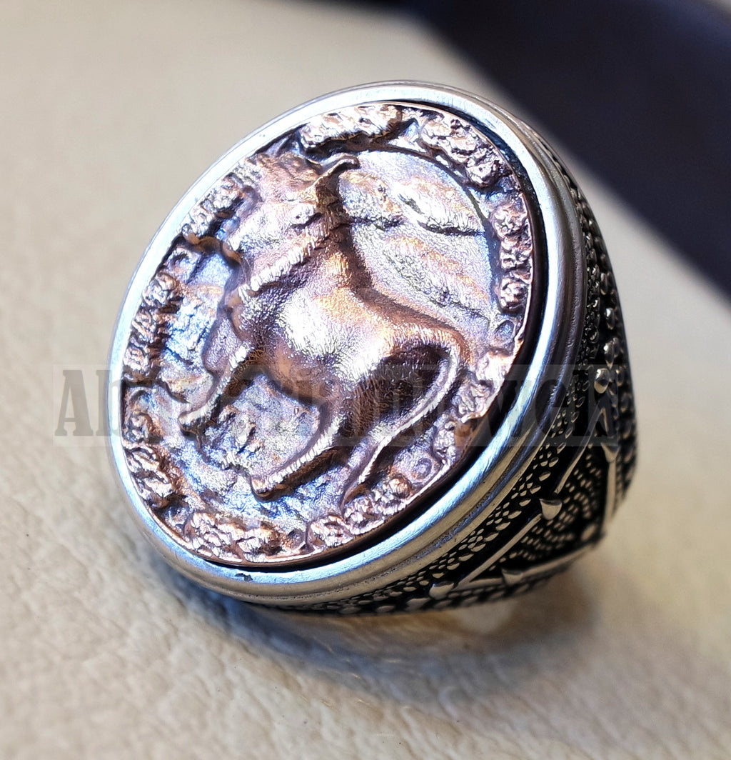 Horoscopes zodiac sign Taurus sterling silver 925 and antique bronze huge men ring all sizes men jewelry gift that bring luck fast shipping