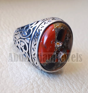 man ring Conglomerate natural stone sterling silver 925 oval cabochon semi precious gem ottoman style all sizes jewelry red brown white