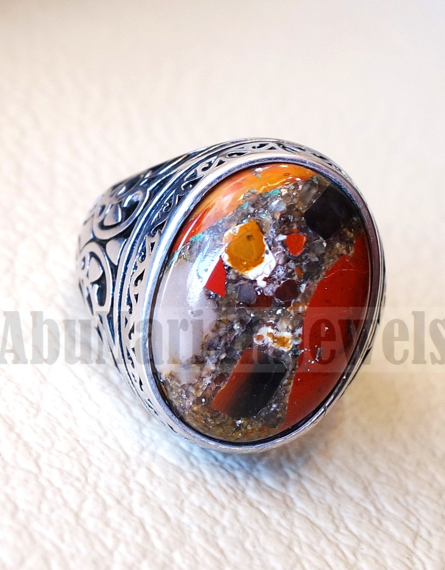 man ring Conglomerate natural stone sterling silver 925 oval cabochon semi precious gem ottoman style all sizes jewelry red brown white