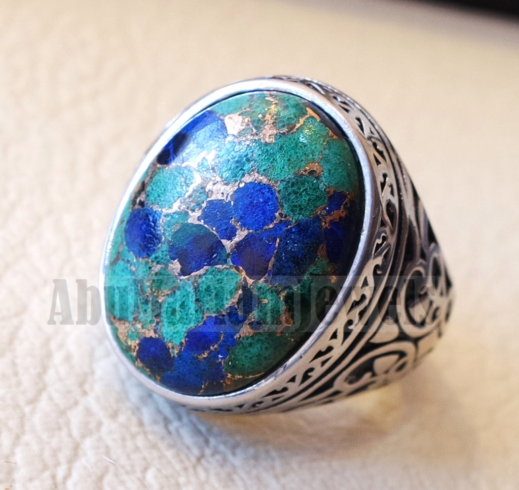 man ring copper Azurite natural stone sterling silver 925 oval cabochon semi precious gem ottoman arabic style all sizes jewelry