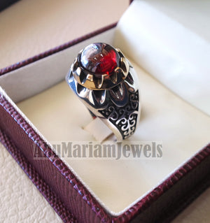 deep red ruby round synthetic imitation stone ring sterling silver 925 bronze any size jewelry identical to genuine gemstone antique style