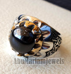 natural round onyx agate black stone sterling silver 925 men ring arabic turkish ottoman antique style all sizes jewelry with bronze frame