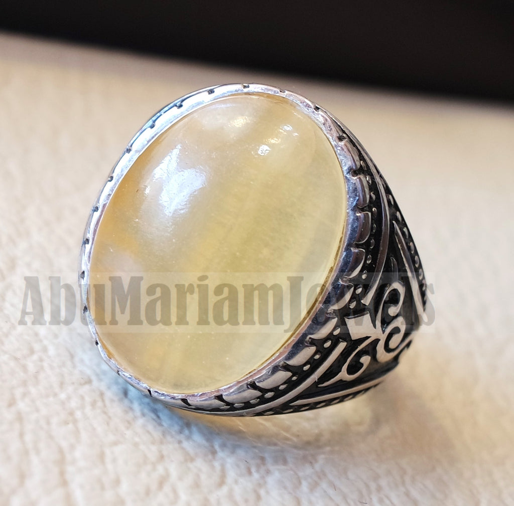 natural yellow fluorite men ring sterling silver 925 unique stone all sizes jewelry fast shipping oxidized ottoman style