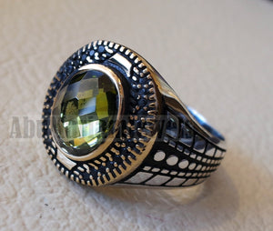 Oval peridot green cabochon imitation sterling silver 925 black cubic zircon men ring all sizes arabic turkish ottoman jewelry bronze frame زبرجد