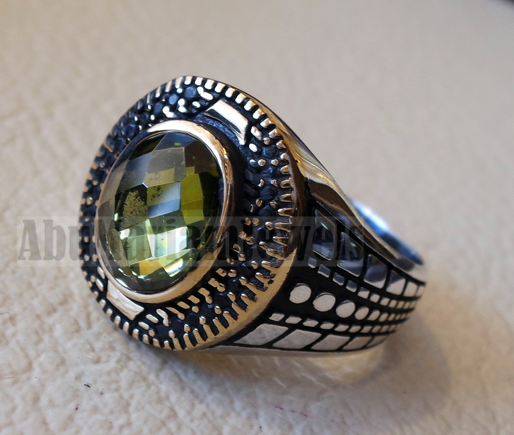 Oval peridot green cabochon imitation sterling silver 925 black cubic zircon men ring all sizes arabic turkish ottoman jewelry bronze frame زبرجد