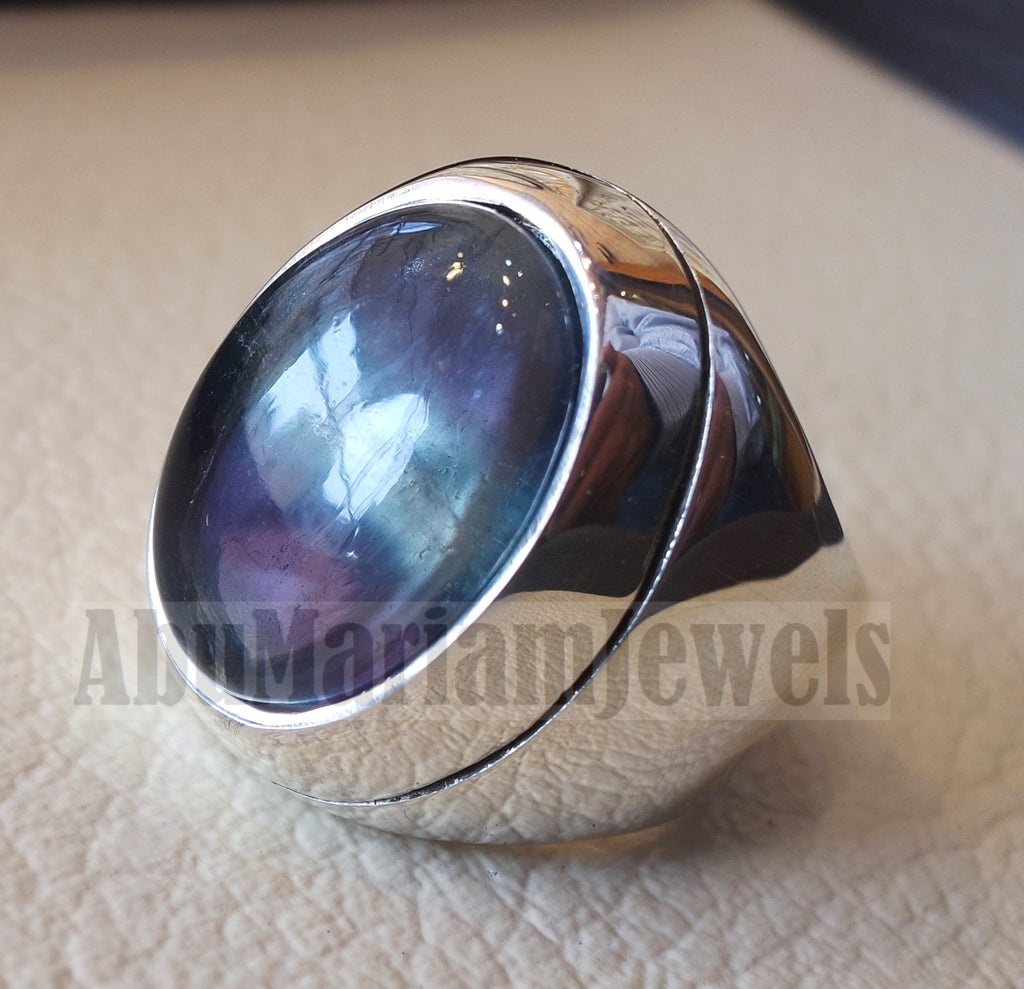 natural multi color fluorite purple blue green huge men ring sterling silver 925 unique stone all sizes jewelry fast shipping style