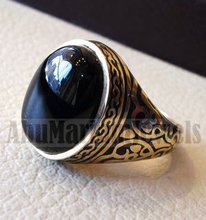 18k gold men ring black onyx cabochon high quality natural stone all sizes Ottoman signet style fine jewelry fast shipping