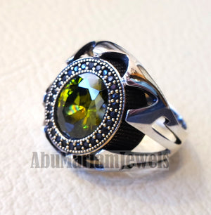 Olive green CZ  stone and black cubic zircon micro setting on bronze frame stunning sterling silver 925 men ring all sizes