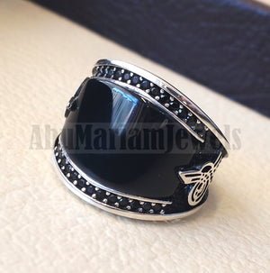 Agate black onyx aqeeq natural flat cushion stone man ring all sizes arabic Ottoman turkey antique style black zircon side setting