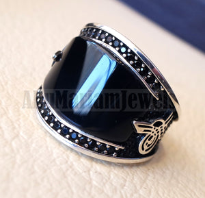 Agate black onyx aqeeq natural flat cushion stone man ring all sizes arabic Ottoman turkey antique style black zircon side setting