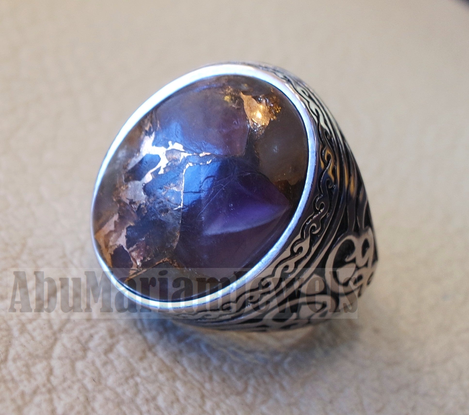 copper amethyst man ring natural purple stone sterling silver 925 oval cabochon semi precious gem ottoman arabic style all sizes jewelry