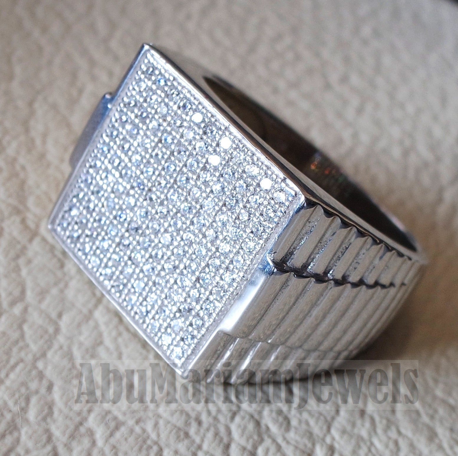 Micro pave square face cubic zirconia white stones diamond style sterling silver 925 heavy men ring all sizes .