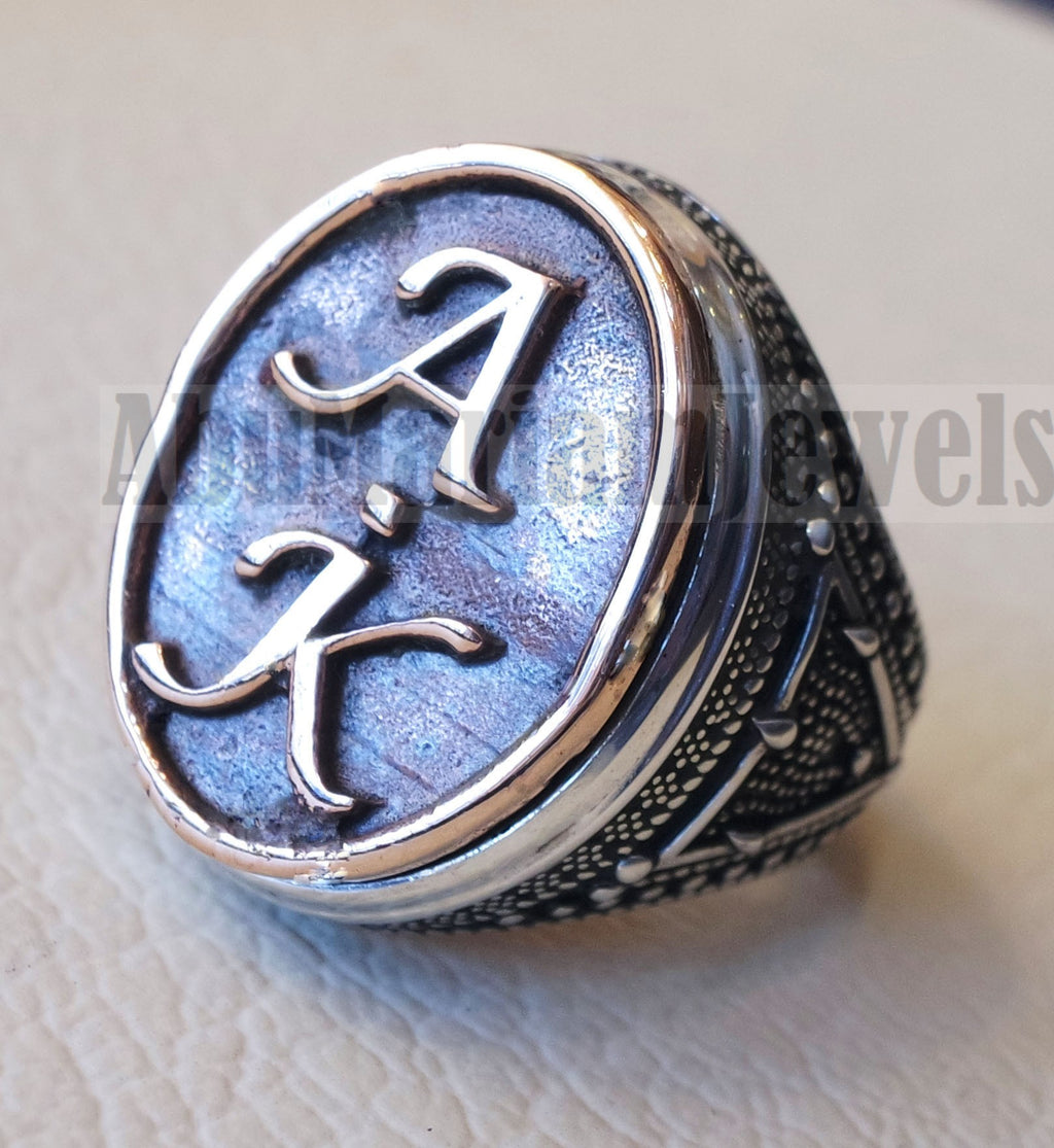 Initials Customized men ring personalized any 2 letters antique jewelry style sterling silver 925 and bronze any size In-1001