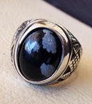 Snowflake obsidian black aqeeq heavy man ring natural stone sterling silver 925 vintage turkish style all sizes fast shipping