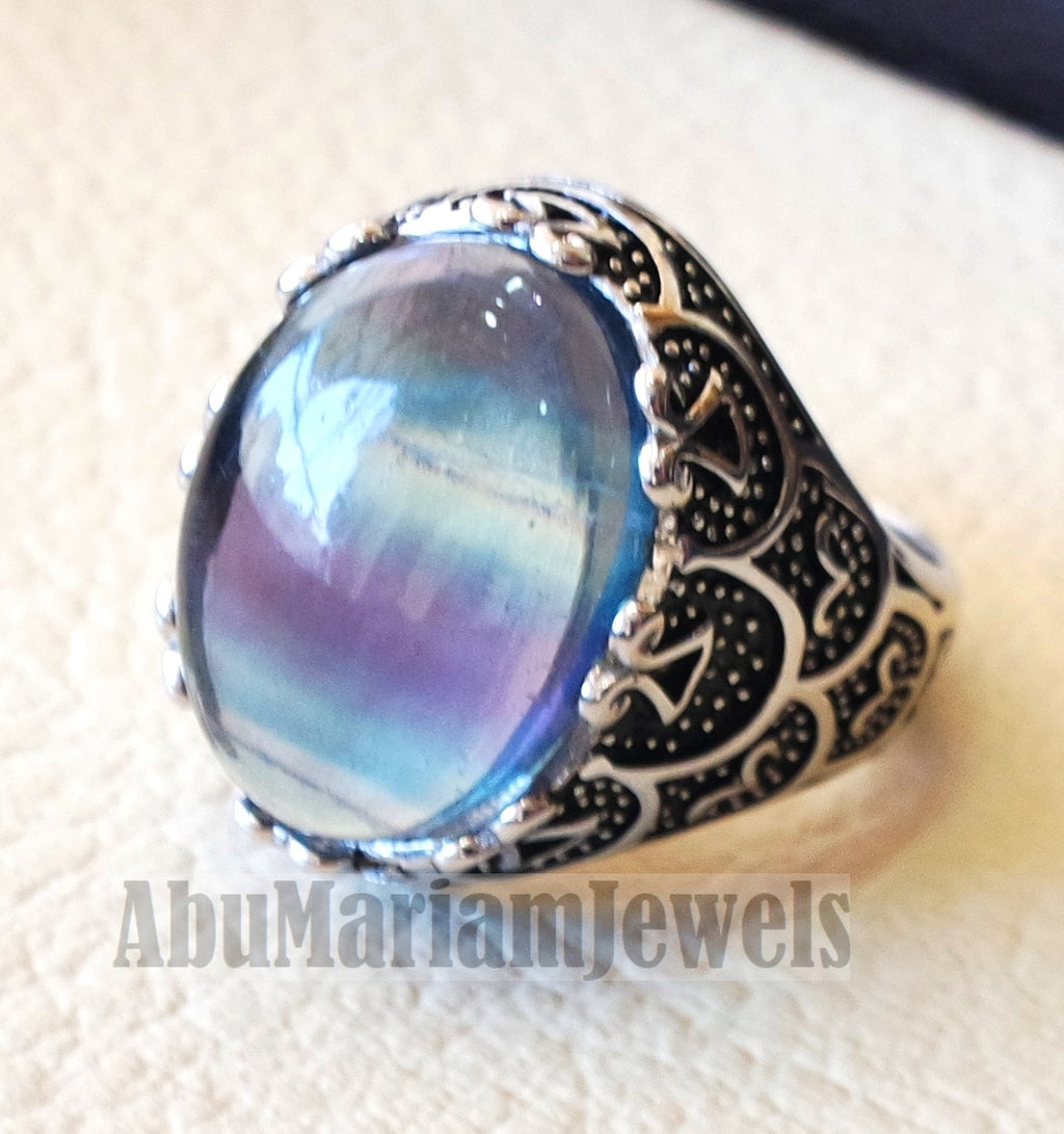 natural multi color fluorite purple blue green men ring sterling silver 925 unique stone all sizes jewelry fast shipping oxidized style