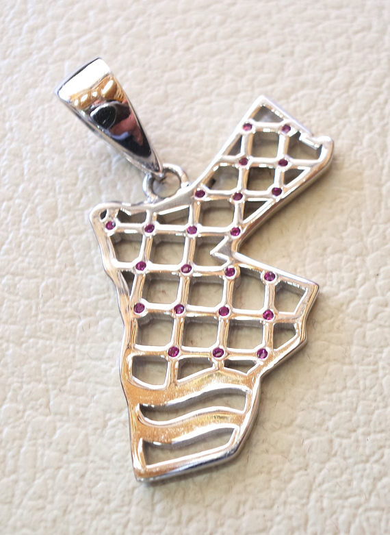 Hashemite kingdom Jordan sterling silver map and red stones pendant 925 k arabic jewelry fast shipping خارطة الاردن شماغ كوفيه احمرفضه