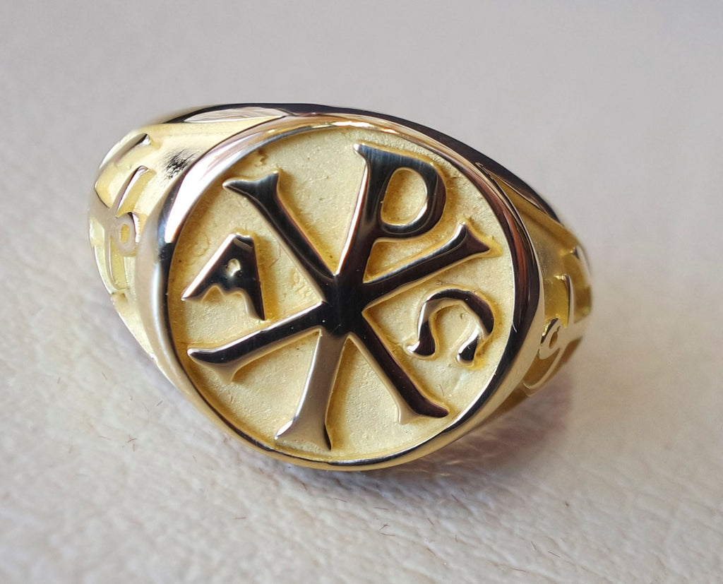 Chi Rho anchor cross christ christian symbol 18 k gold heavy man ring made to order fine jewelry full insured shipping and wood box