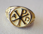 Chi Rho anchor cross christ christian symbol 18 k gold heavy man ring made to order fine jewelry full insured shipping and wood box