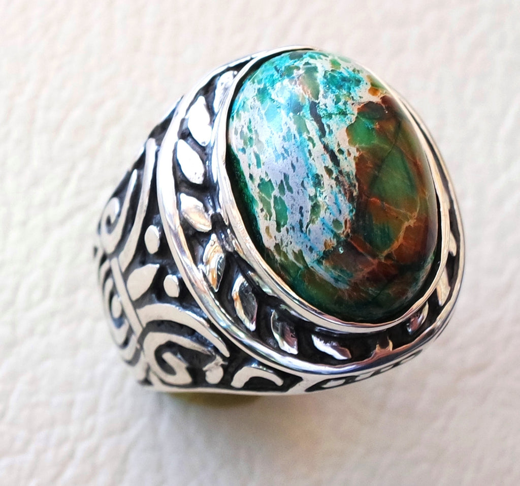 men ring sea sediment jasper multi color green blue brown stone all sizes natural semi precious sterling silver 925 ottoman style jewelry