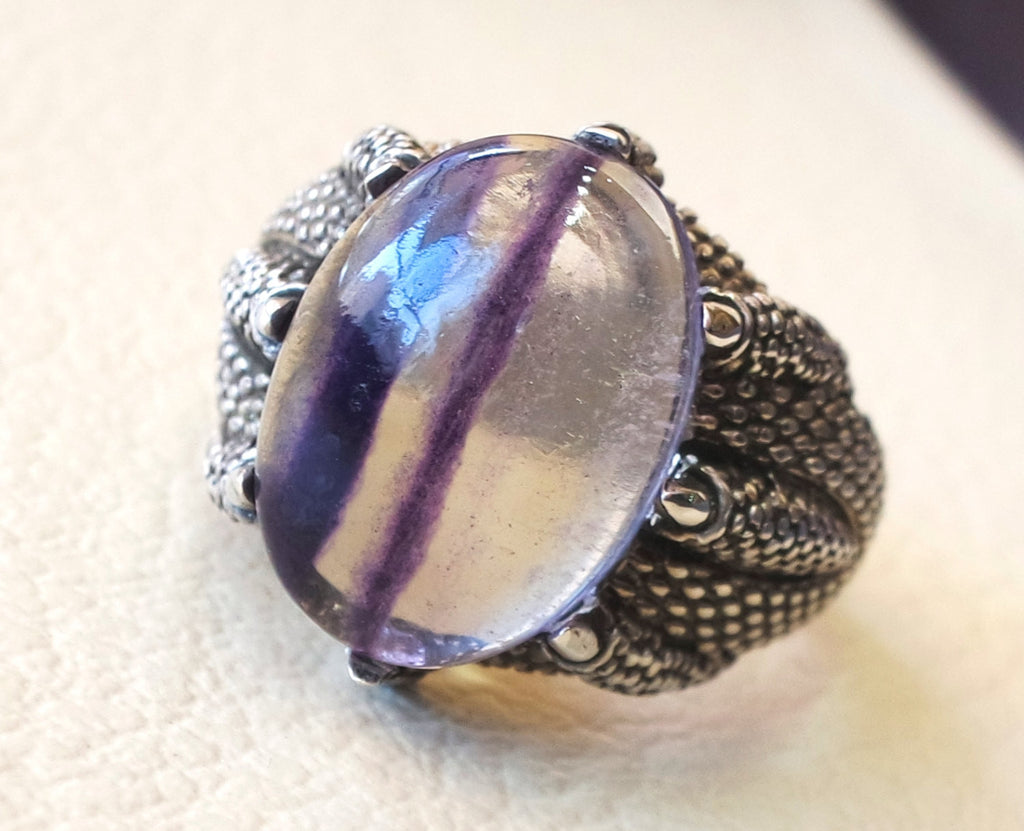 natural fluorite purple huge men dragon snake ring sterling silver 925 color unique stone all sizes jewelry fast shipping oxidized style