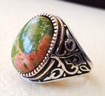 unakite natural multi color stone oval cabochon sterling silver 925 men ring bronze frame orange green red semi precious jewelry ottoman