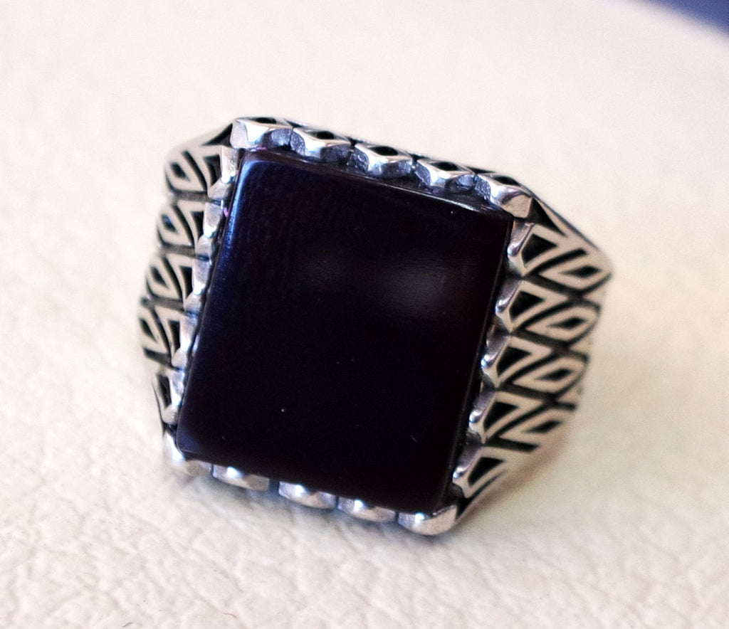 men's ring black natural rectangular flat onyx black agate aqeeq sterling silver 925 all size middle eastern oriental style fast shipping