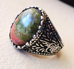 unakite natural multi color stone oval cabochon sterling silver 925 men ring high quality orange green pink semi precious jewelry ottoman