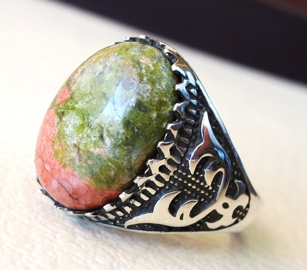 unakite natural multi color stone oval cabochon sterling silver 925 men carved ring high quality orange green pink semi precious jewelry