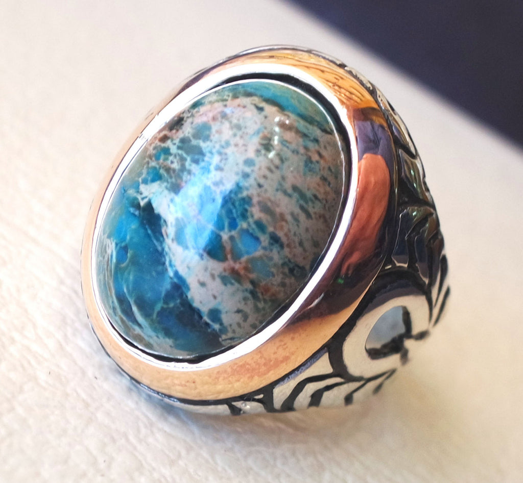 men ring sea sediment jasper multi color green blue brown stone all sizes natural semi precious sterling silver 925 bronze frame jewelry