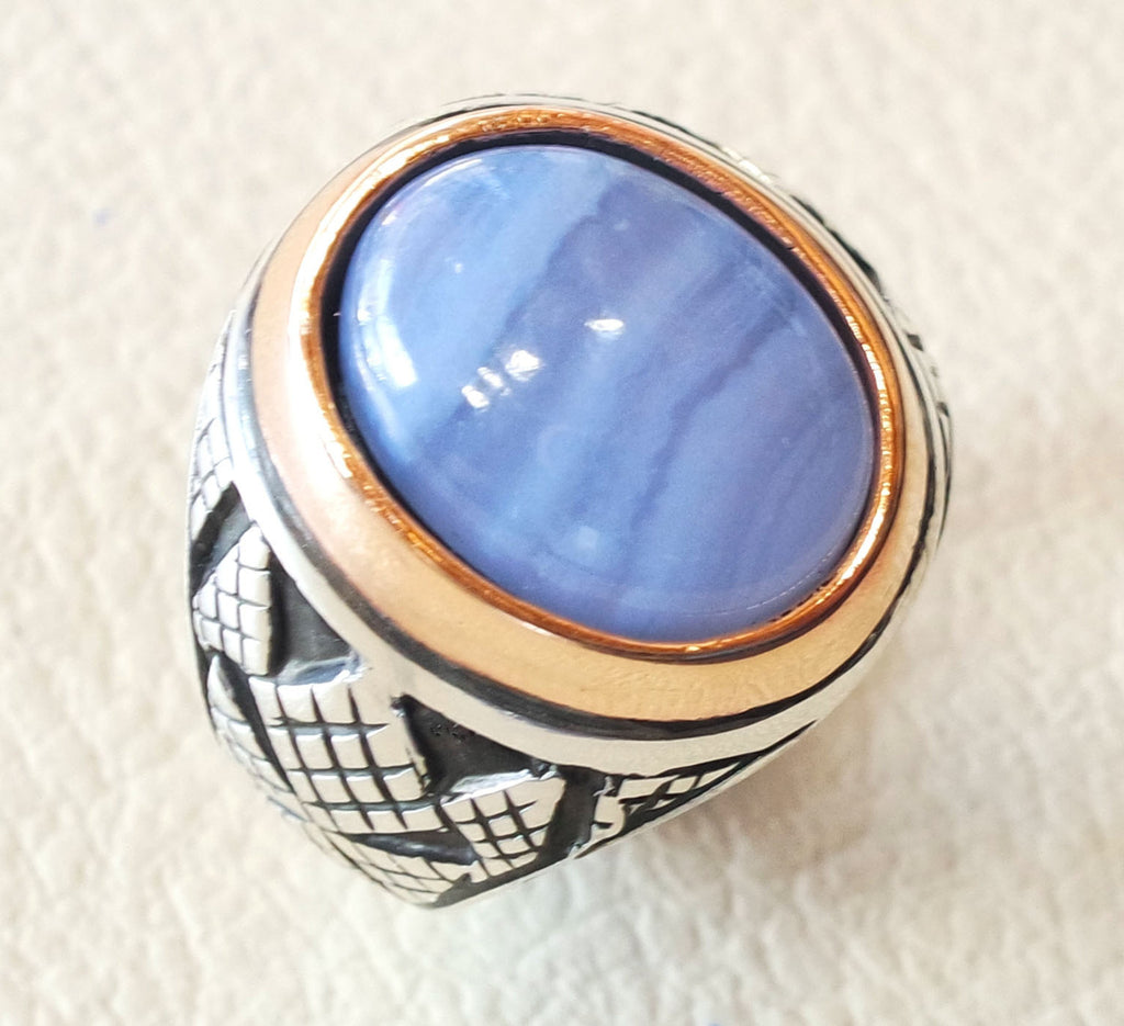 blue lace agate natural stone silver 925 huge men ring arabic turkish ottoman antique style man jewelry oval cabochon bronze frame all sizes