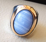 blue lace agate natural stone silver 925 huge men ring arabic turkish ottoman antique style man jewelry oval cabochon in bronze frame