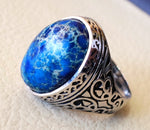 blue men ring sea sediment jasper multi color black grey stone all sizes natural semi precious sterling silver 925 man antique jewelry