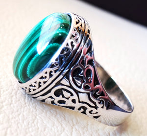 malachite big oval natural semi precious stone sterling silver man ring all sizes jewelry green cabochon antique middle eastern style