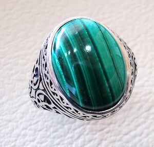 malachite big oval natural semi precious stone sterling silver man ring all sizes jewelry green cabochon antique middle eastern style