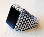 men's ring black natural rectangular flat onyx black agate aqeeq sterling silver 925 all size brick  building style fast shipping