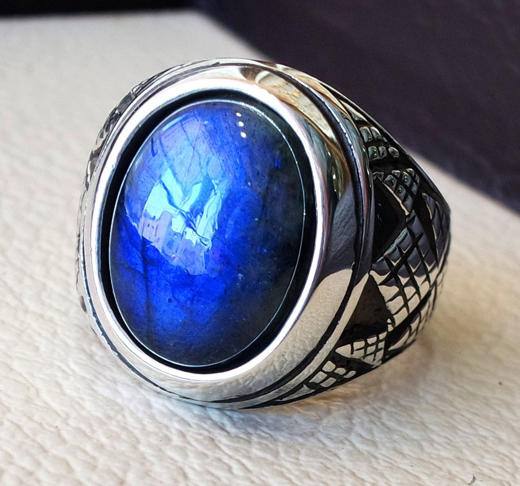 flashy blue labradorite heavy men ring sterling silver 925  natural stone all sizes jewelry fast shipping ottoman middle eastern style