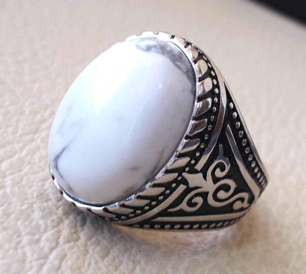 men ring white turquoise howalite  natural agate oval cabochon stone sterling silver 925 all sizes antique ottoman jewelry fast shipping