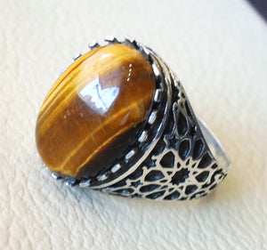 cat eye tiger eye semi precious natural cabochon stone men ring sterling silver 925 any size oriental ornament middle eastern arabic jewelry