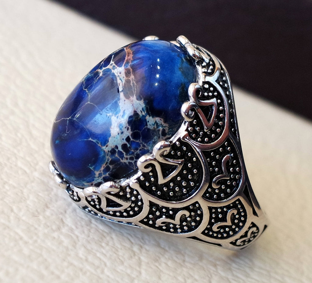 Dark blue sea sediment jasper men ring multi color black grey stone all sizes semi precious sterling silver 925 man antique jewelry